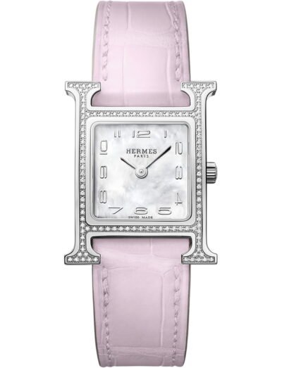 Hermes wristwatch with stainless steel case, white mother of pearl dial and alligator leather strap
