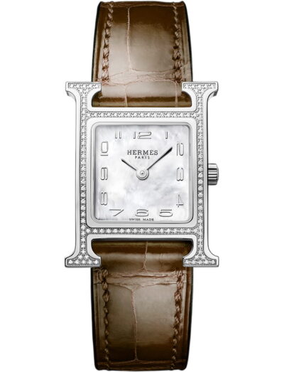 Hermes wristwatch with stainless steel case, white mother of pearl dial and alligator leather strap