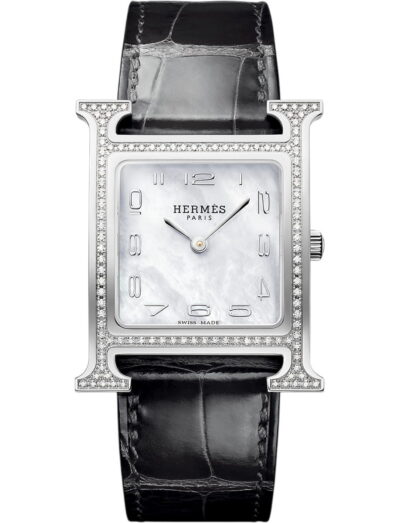 Hermes wristwatch with stainless steel case, white mother of pearl dial and alligator leather strap