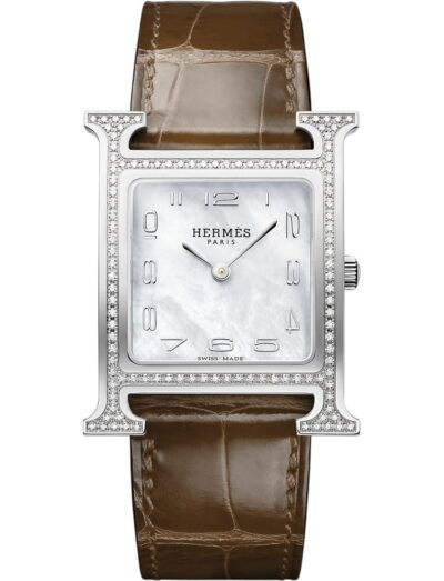 Hermes wristwatch with stainless steel case, white mother of pearl dial and alligator leather