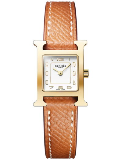 Hermes wristwatch with yellow gold-plated steel case, silver dial and calfskin leather strap