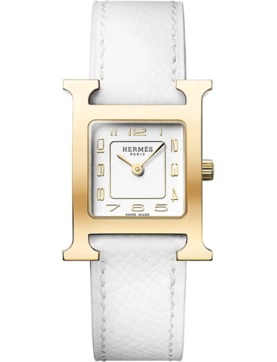 Hermes wristwatch with yellow gold plated steel case, silver dial and calfskin leather strap