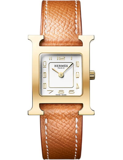 Hermes wristwatch with yellow gold-plated steel case, silver dial and calfskin leather strap