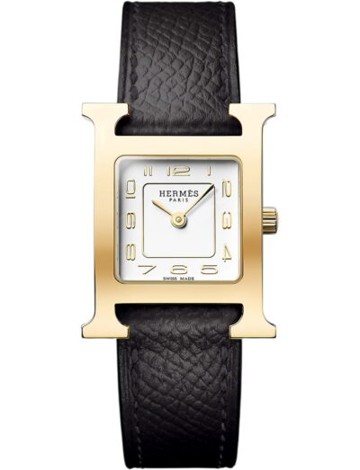 Hermes wristwatch with yellow gold plated steel case, silver dial and calfskin leather strap