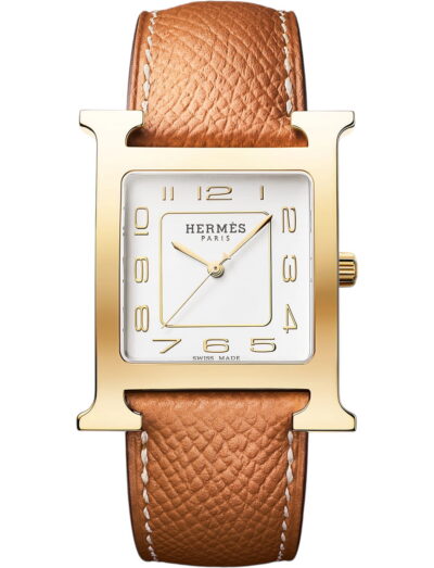 Hermes wristwatch with yellow gold plated steel case, silvered dial and calfskin leather strap