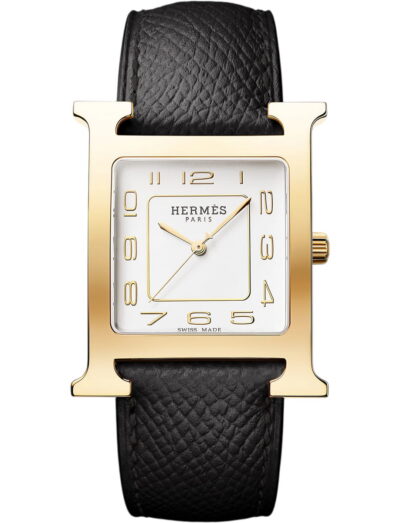 Hermes wristwatch with yellow gold plated steel case, silver dial and calfskin leather strap