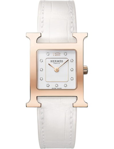 Hermes wristwatch with rose gold plated steel case, white dial and alligator leather strap