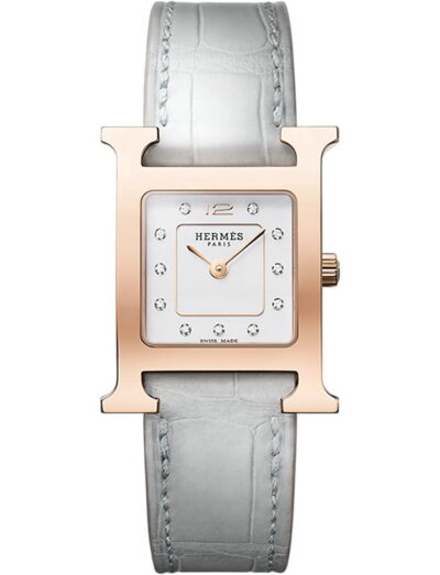 Hermes wristwatch with rose gold plated steel case, white dial and alligator leather strap