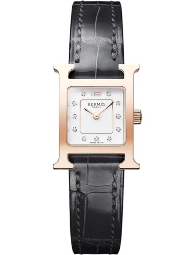 Hermes wristwatch with rose gold plated steel case, white-lacquered dial and black alligator leather strap