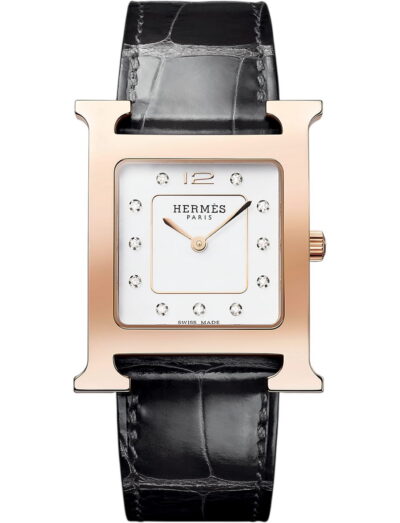 Hermes wristwatch with rose gold plated steel case, white-lacquered dial and black alligator leather strap
