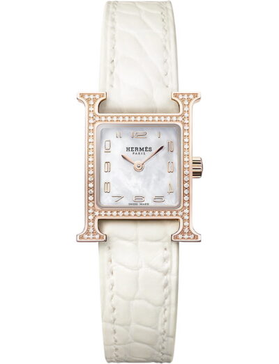 Hermes wristwatch with rose gold case, white mother of pearl dial and alligator leather strap
