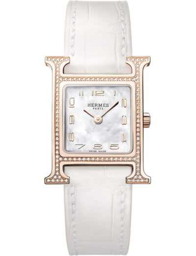 Hermes wristwatch with rose gold case, white mother of pearl dial and alligator leather strap
