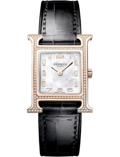 Hermes wristwatch with rose gold case, white mother of pearl dial and alligator leather strap