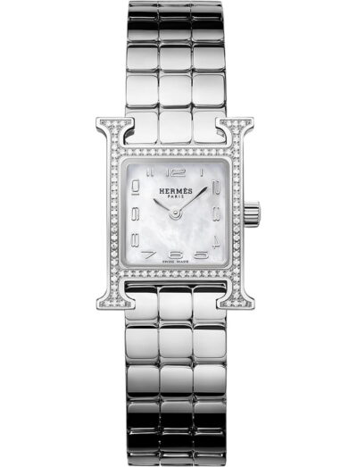 Hermès wristwatch with a square diamond-studded bezel and silver link bracelet, mother-of-pearl dial.