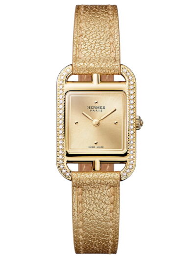 Hermes wristwatch with yellow gold case, sunburst golden dial and gold Chamkilight goatskin