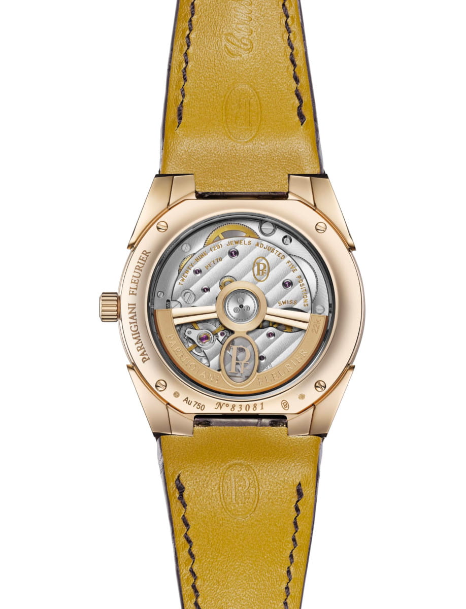 Back view of Parmigiani Fleurier Tonda PF Automatic wristwatch with 18k rose gold case, deep ruby dial, and alligator strap.
