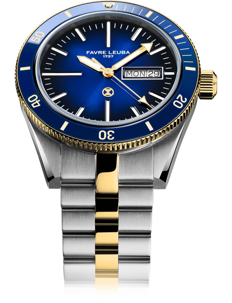 Two‑tone stainless steel and gold wristwatch with a blue dial, rotating blue bezel, and day/date display (Favre Leuba).