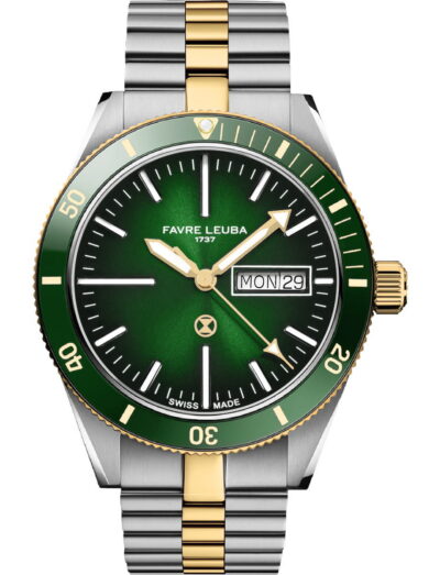 Favre Leuba two-tone watch with a green dial, and steel-gold case and bracelet. | Feldmar Watch Co. Favre Leuba two-tone watch with a green dial, and steel-gold case and bracelet.