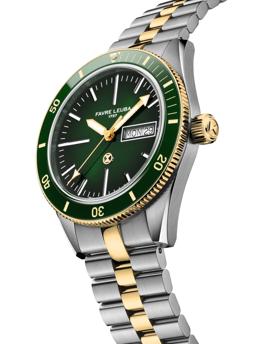 Two-tone Favre Leuba wristwatch with green dial, and stainless steel and gold bracelet showing date and day (MON 29)