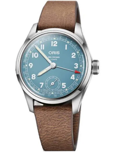 Oris wristwatch with stainless steel case, blue dial and leather strap