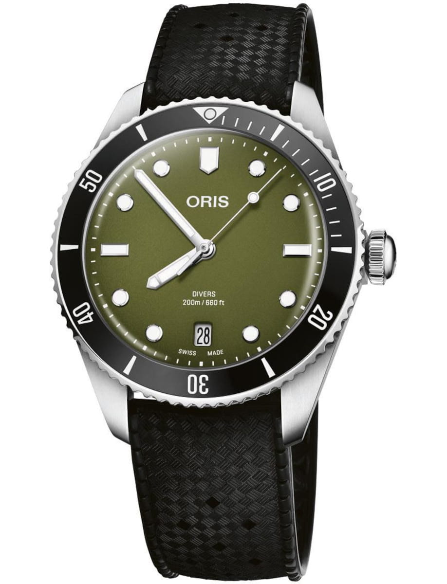 Oris Divers Date wristwatch with stainless steel case, olive green dial, and black rubber strap.