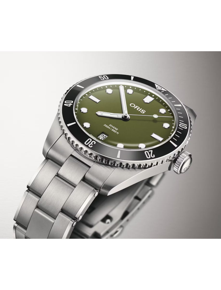 Side view of Oris Divers Date wristwatch with stainless steel case and bracelet, and olive green dial.