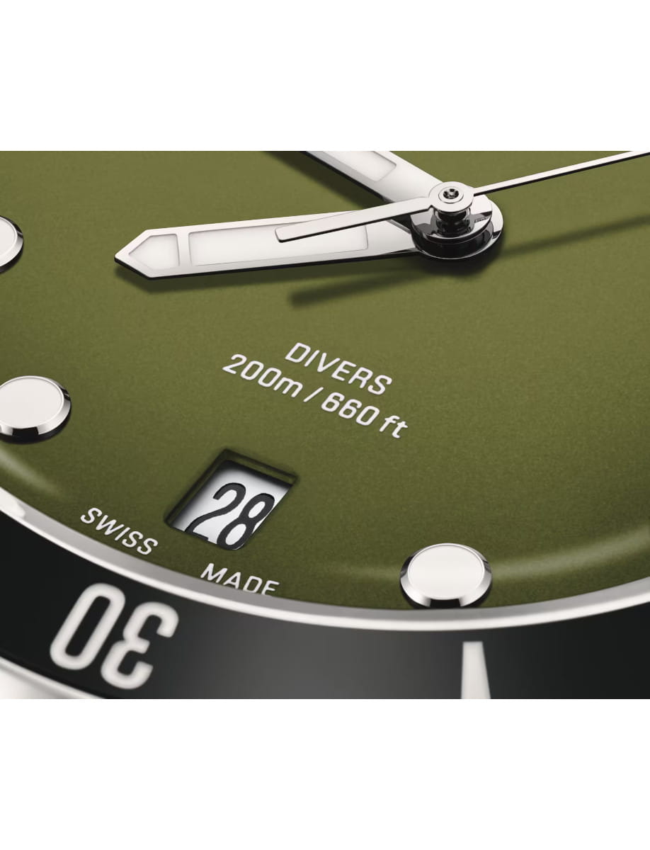 Close view of Oris Divers Date wristwatch with olive green dial.