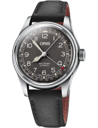 Oris wristwatch with stainless steel case, black dial and leather strap