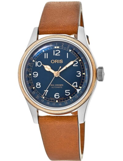 Oris wristwatch with stainless steel case, blue dial and leather strap