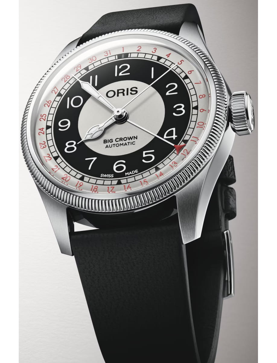 Oris Big Crown automatic wristwatch with black dial and red 24-hour scale, silver case, and black strap