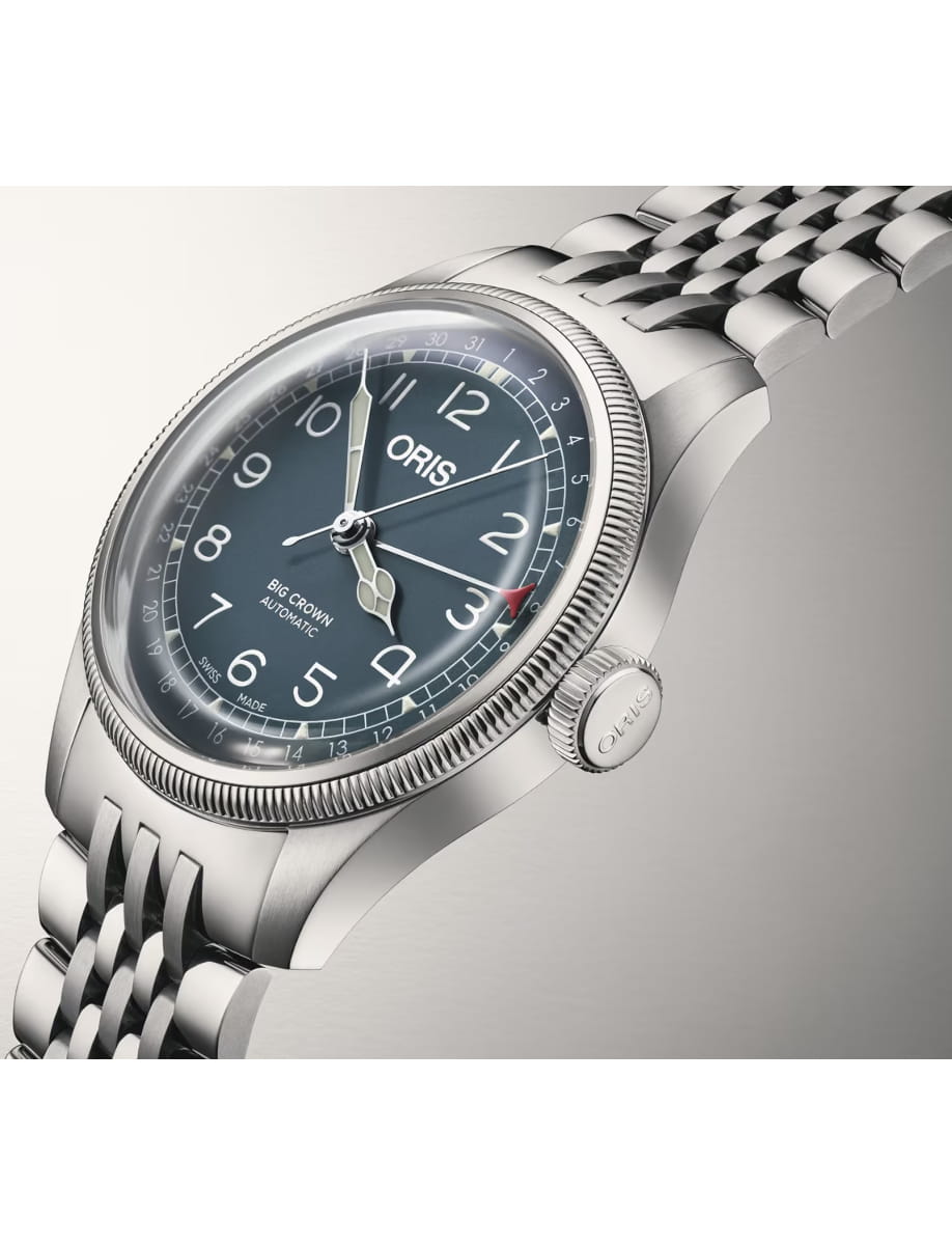 Stainless steel Oris Big Crown automatic watch with a blue dial and metal bracelet.