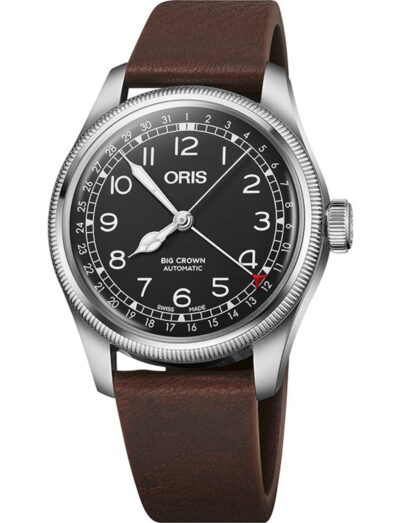 Oris wristwatch with stainless steel case, black dial and leather strap