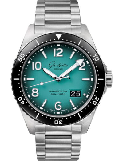 Glashutte Original wristwatch with stainless steel case and bracelet and turquoise dial
