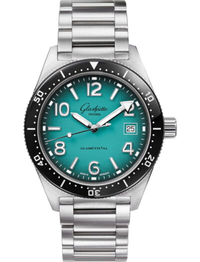 Glashutte Original wristwatch with stainless steel case and bracelet and turquoise dial