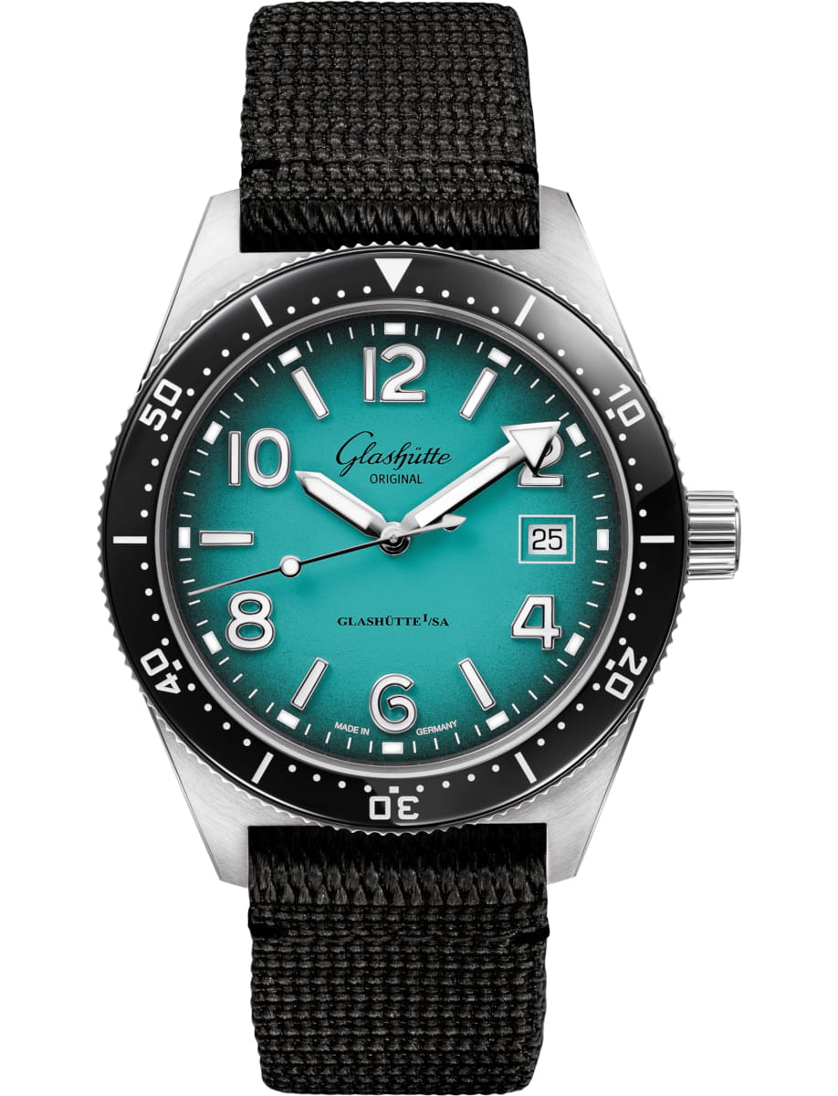 Teal Glashütte Original wristwatch with black bezel and fabric strap, showing date window at 3 o'clock and bold numerals.