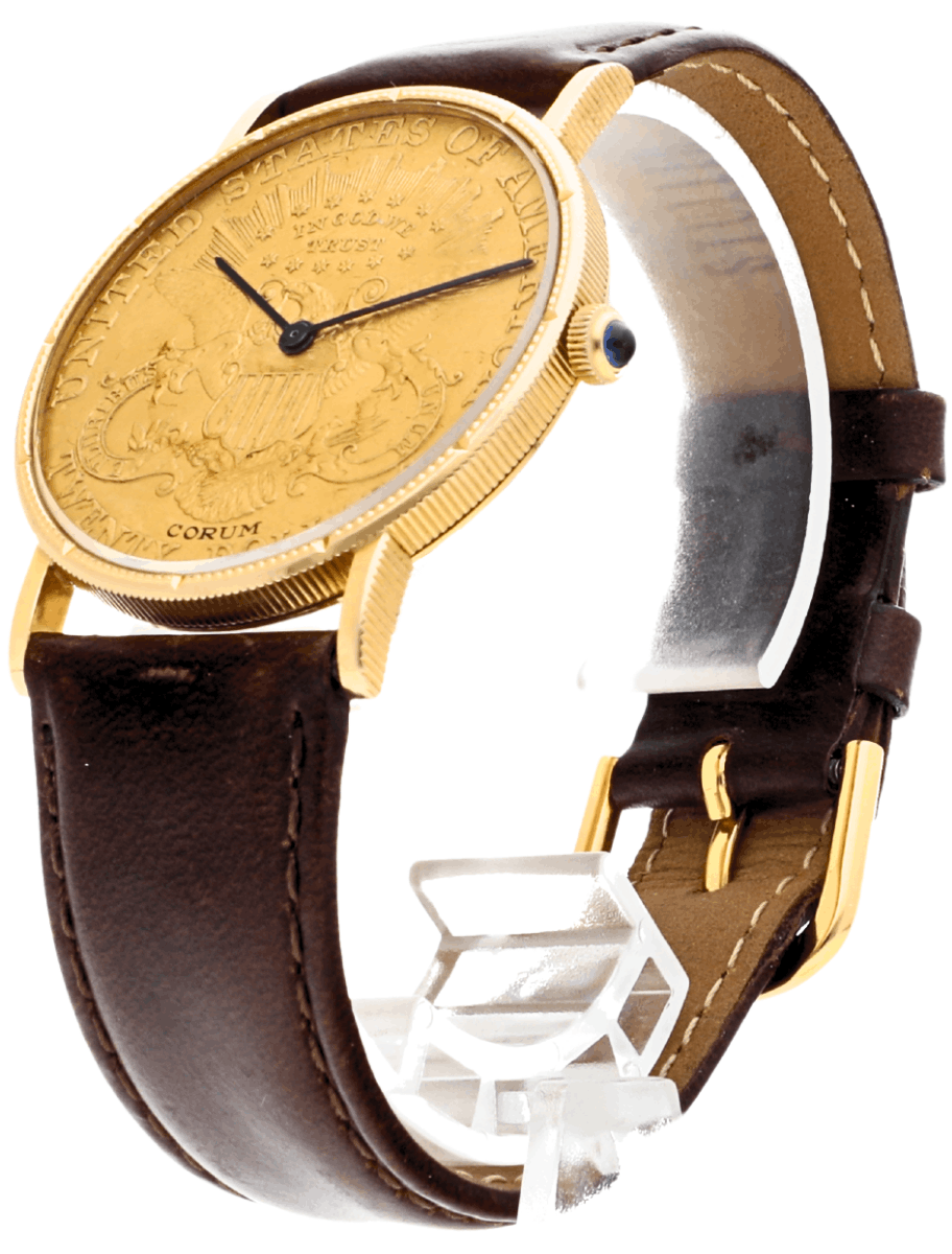 Pre-owned Corum gold-tone wristwatch with a coin-style dial and brown leather strap