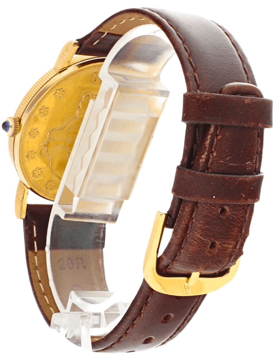 Pre-owned gold-tone Corum wristwatch with a brown stitched leather strap and gold buckle.