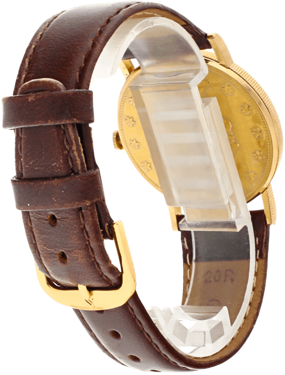 Back view of a pre-owned gold-tone wristwatch with a brown leather strap.