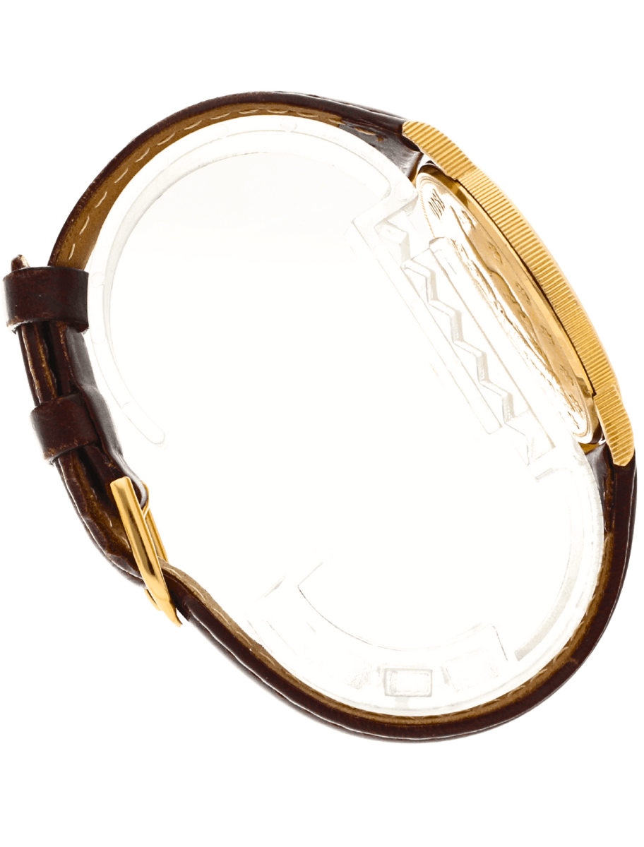 Side view of a pre-owned brown leather-strapped wristwatch with a gold bezel and crown, showing the back of the case.