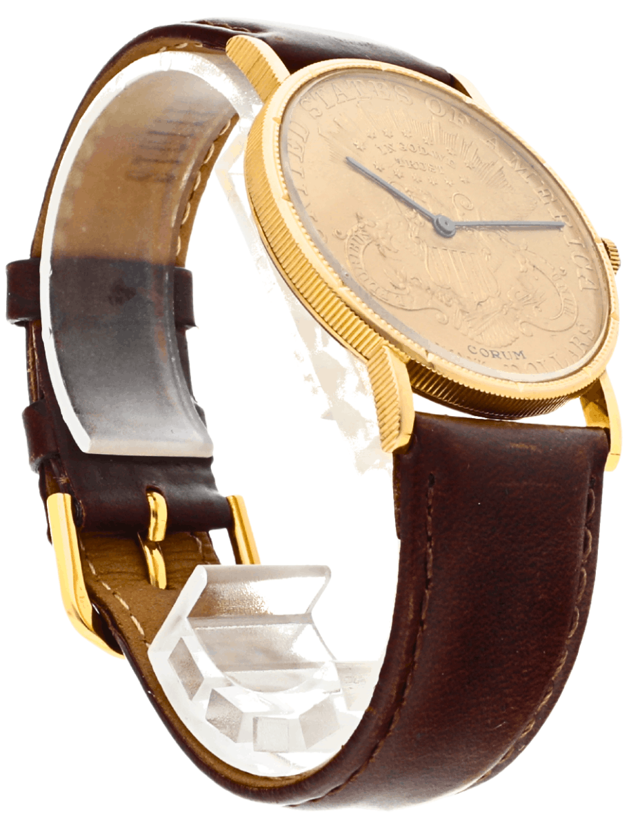 Pre-owned Corum gold-tone wristwatch with a brown leather strap, shown from the side with a round case and crown.