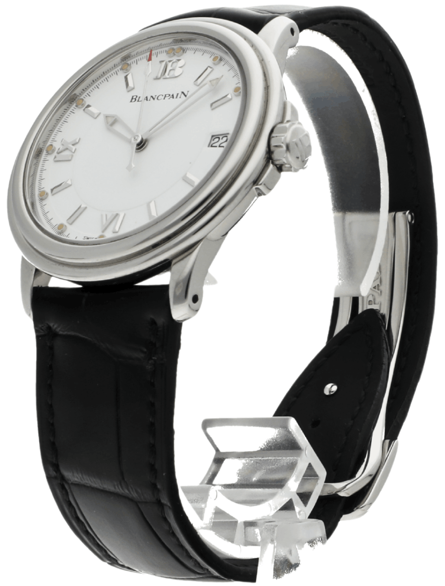 Close-up of a Blancpain wristwatch: silver case, white dial with Roman numerals, date at 3 o'clock, black leather strap.
