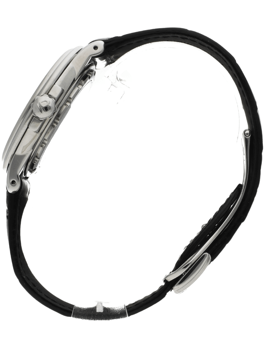 Side view of a wristwatch with a metal case and black leather band, showing the crown and lugs.