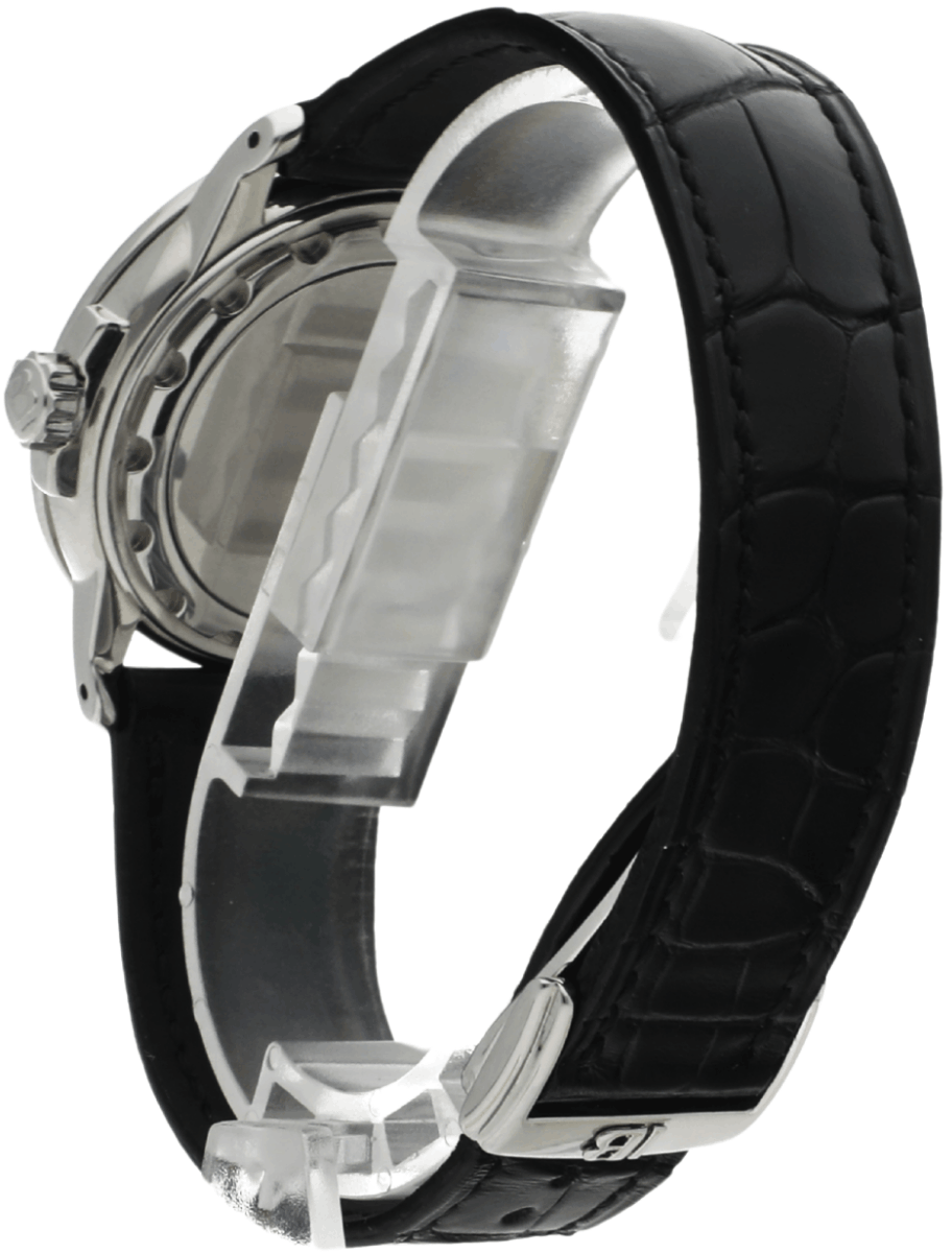 Side view of a silver wristwatch with a black leather strap and deployment clasp