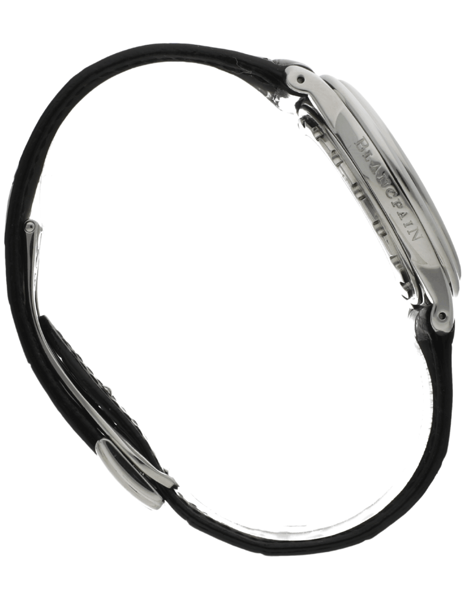Side view of a black leather-strap wristwatch with a silver stainless-steel case.