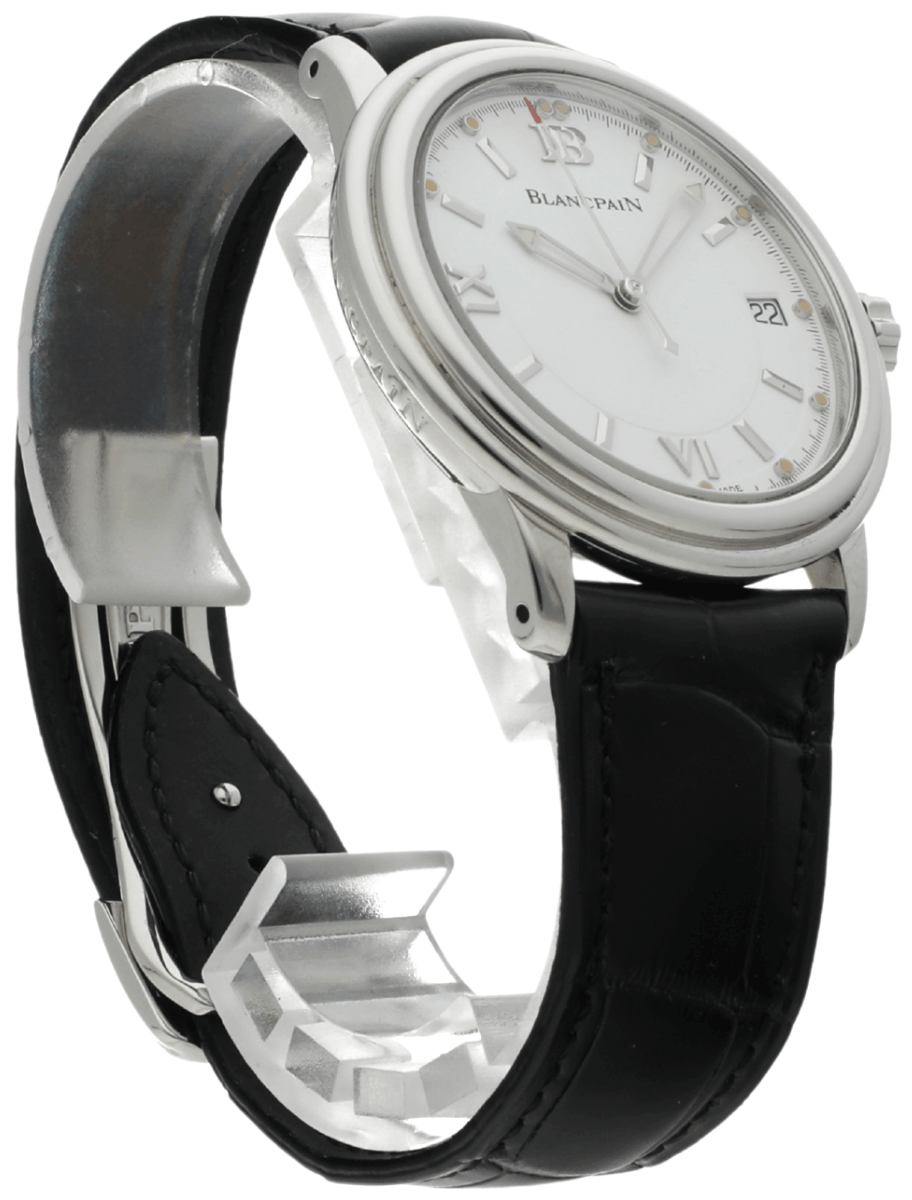 Blancpain wristwatch with a white dial, silver case, and black leather strap