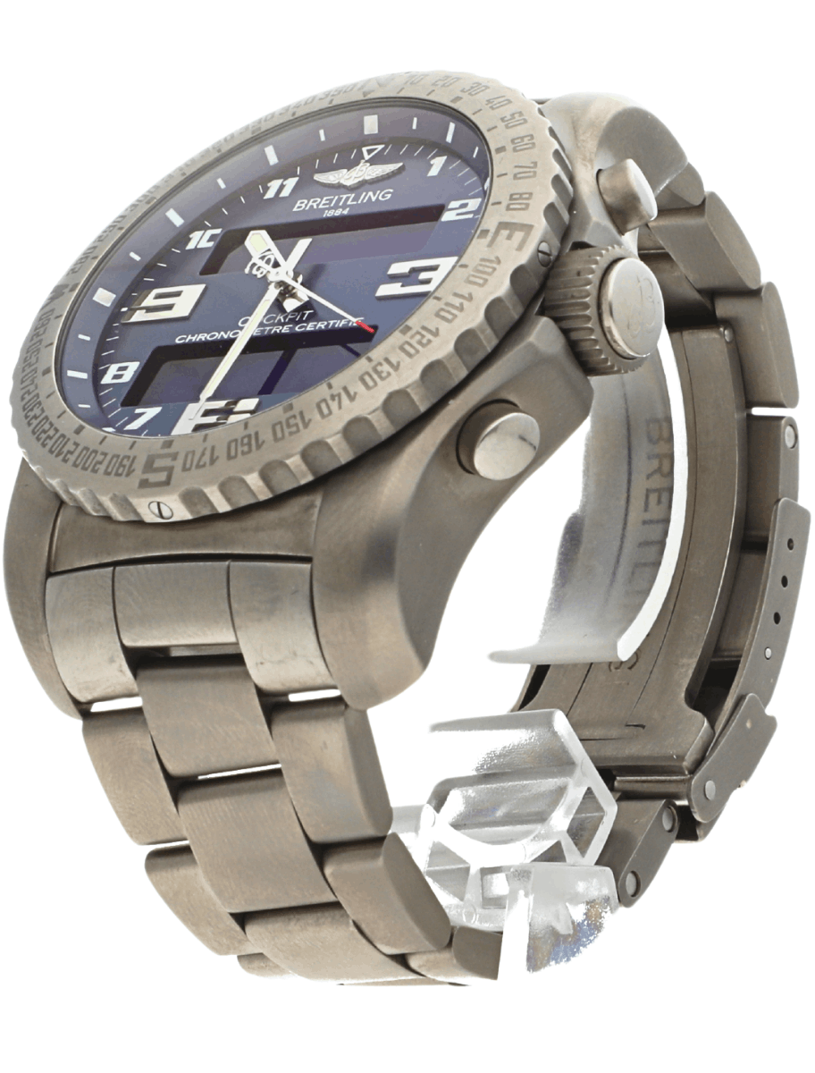 Close-up of a Breitling stainless steel wristwatch with a blue dial and large numerals.
