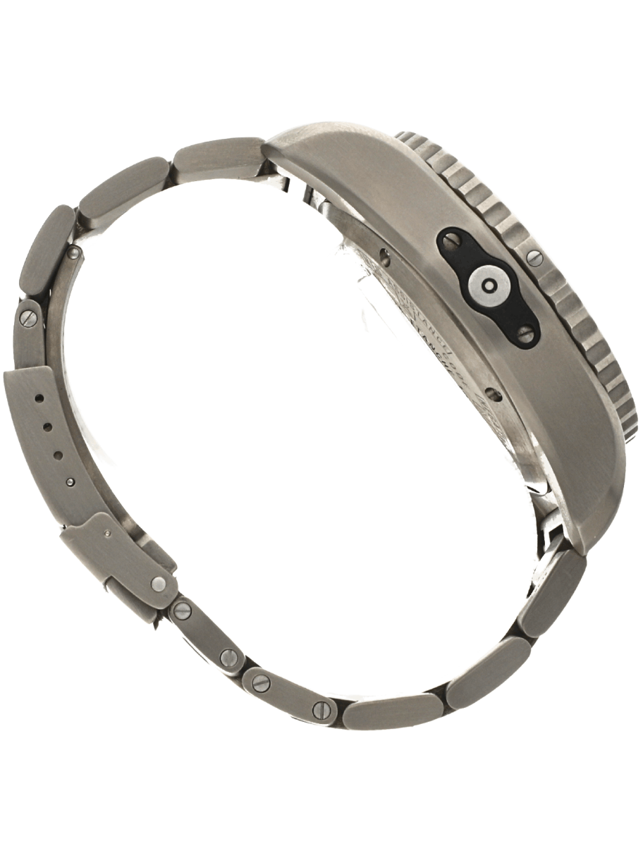 Side view of a stainless steel watch with a metal link bracelet and brushed bezel.