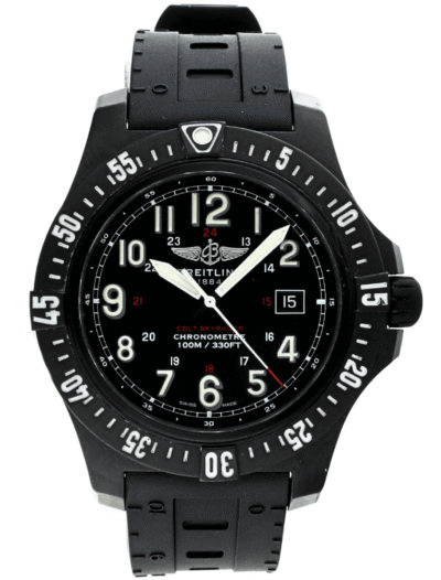 Pre-owned black Breitling Colt Skyracer wristwatch with bold white numerals, luminous hands, rotating bezel, and a date window at 3 o'clock.