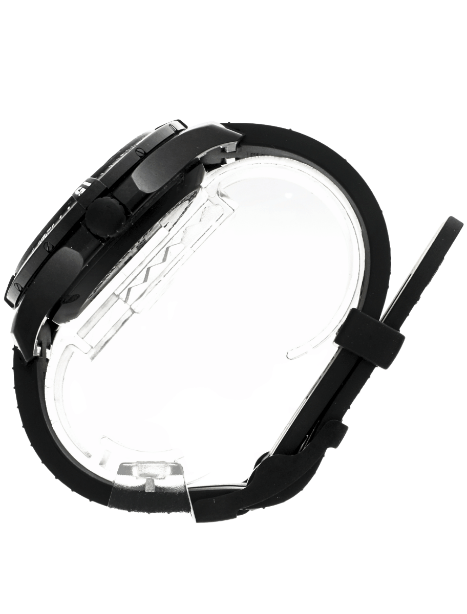 Black sport wristwatch shown from the side with a black strap and metal case.