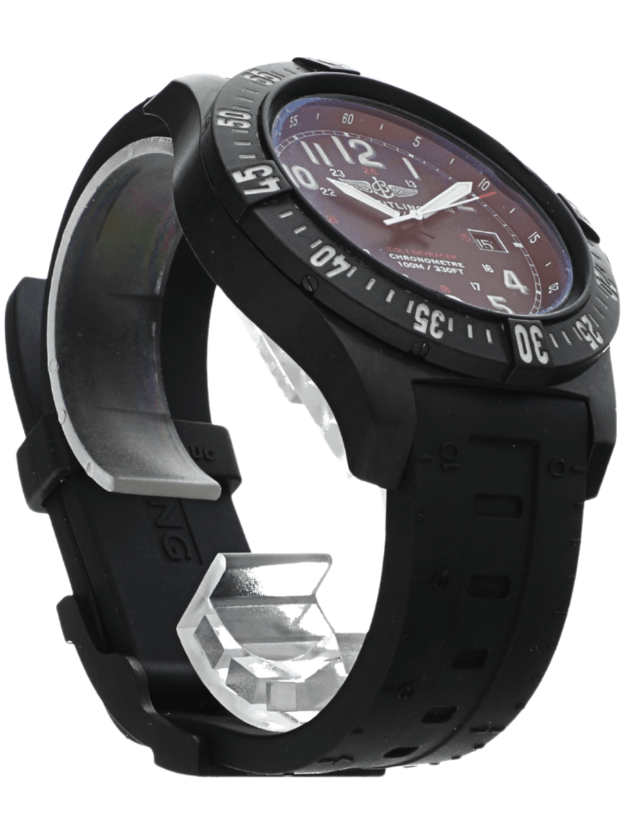 Pre-owned Breitling black chronograph wristwatch with rotating bezel, red dial, white hands, date window, and rubber strap.